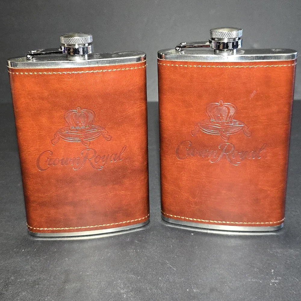 Crown Royal Stainless Steel Hip Flask Set Of 5 Purple Suede Leather Barware
